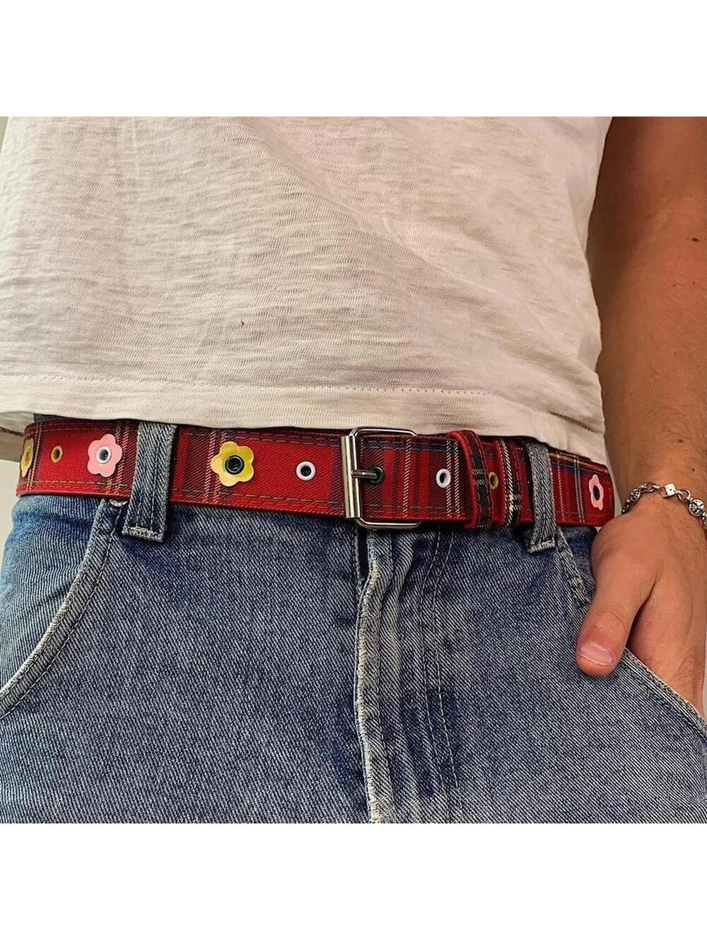 Colorful Plaid and Flower belt. Y2k style. 40 inches length - Picture 2 of 8